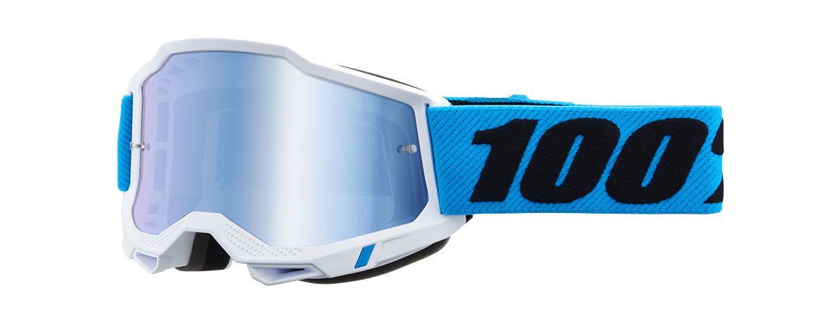Bill's Exhausts 100% Accuri 2 Junior Goggles with blue mirror lens, lightweight protective sports goggles for children.