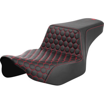 Bill's Exhausts SADDLEMEN Step-Up Seat with extended reach, honeycomb design, and red stitching for FL models 2023-2024.