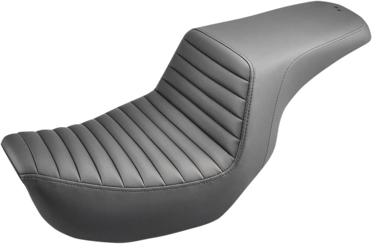 Black SADDLEMEN Step-Up Front Tuck-n-Roll motorcycle seat for Dyna models, featuring a sleek design and comfortable padding.