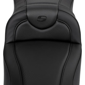 SADDLEMEN Roadsofa™ extended reach motorcycle seat in carbon fiber with black stitching, without backrest for FL models 2008-2023.