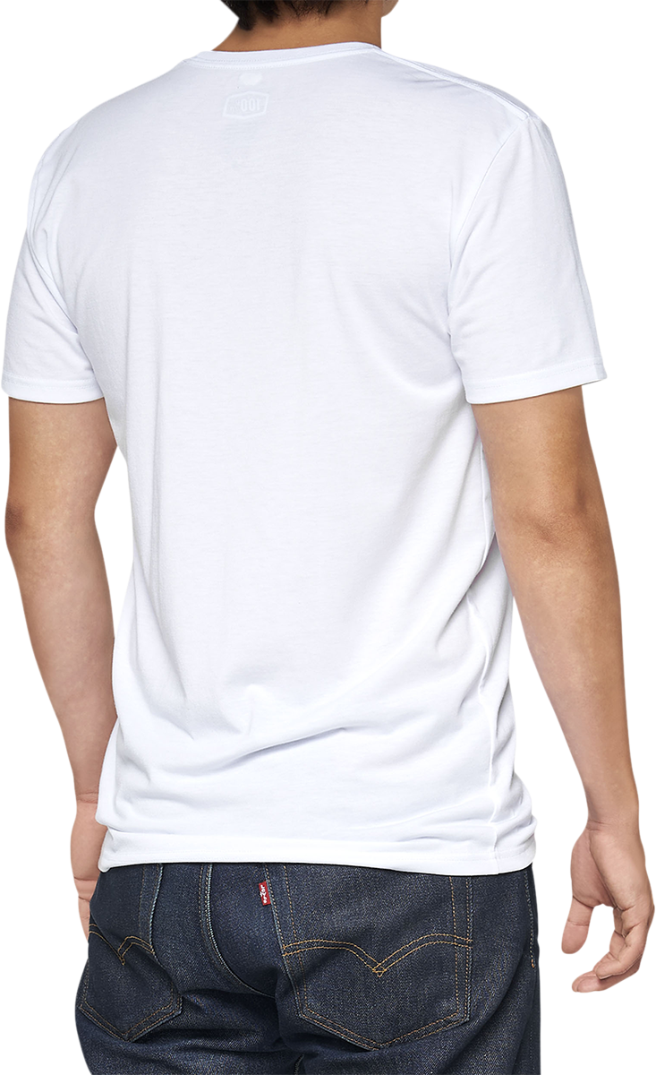 White 100% Tech Surman T-Shirt by Bill's Exhausts, small size, showing front view with product details on fabric.