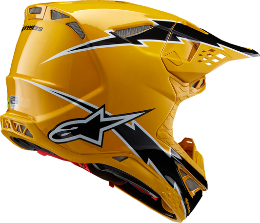 Alpinestars Supertech M10 motorcycle helmet in gloss black and yellow with MIPS® technology, large size, front view.