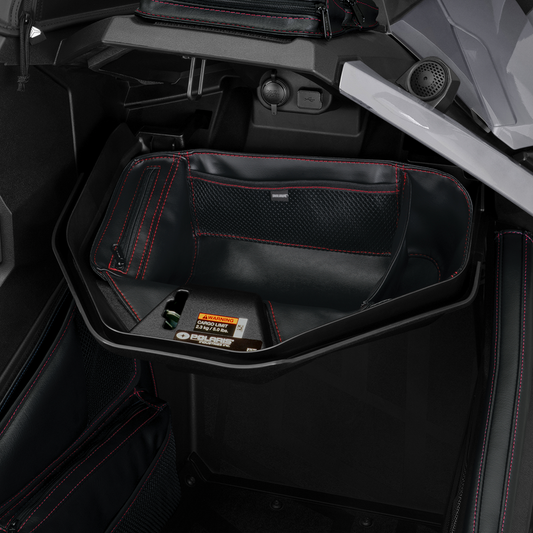 Red SHOW CHROME glove box organizer for engine, by Bill's Exhausts, featuring multiple compartments for storage.