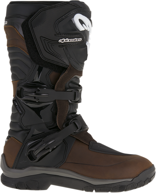Alpinestars Corozal Adventure Boots in brown and black, US size 12, showing rugged leather and ankle protection features.