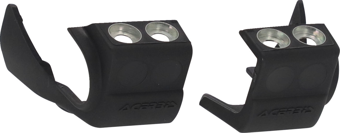 Black Acerbis fork shoe protector for motorcycle forks, shown on a bike with clear focus on the protective body component.