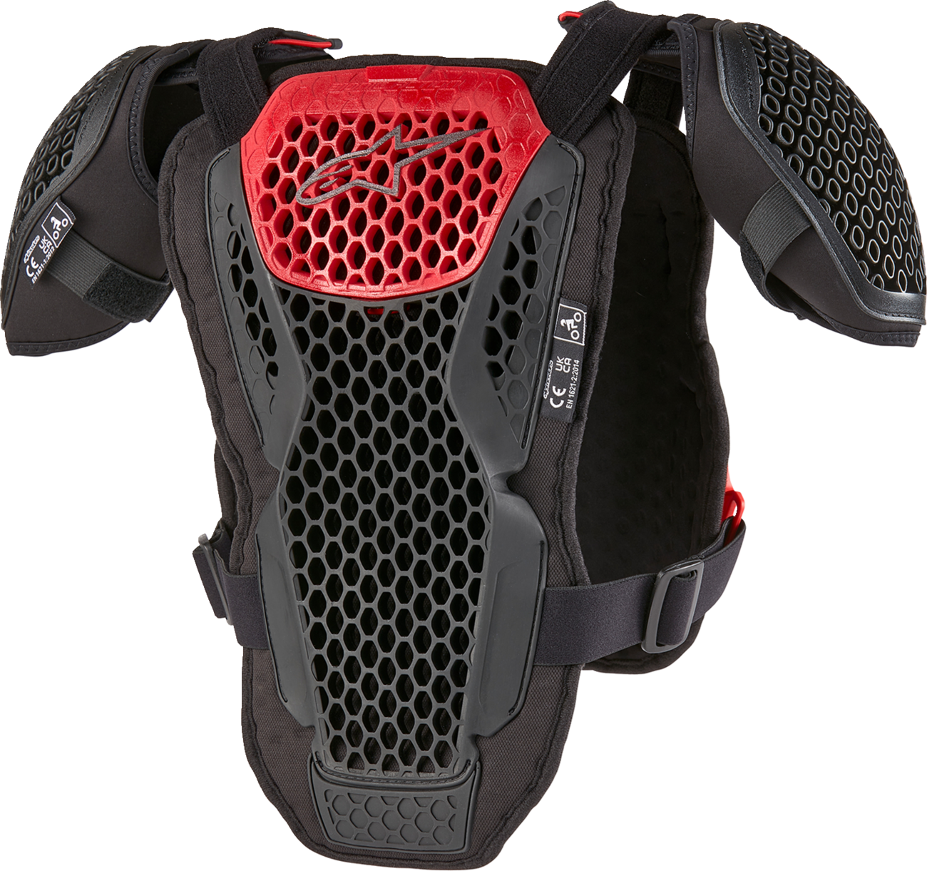 Alpinestars Youth Bionic Action Guard in black and red, size L/XL, showing protective knee and arm armor for motocross or motorcycling.