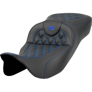 SADDLEMEN Extended Reach Roadsofa™ Seat - Lattice Stitch - Blue Stitch - without Backrest - FL '08-'23 A808-07B-184BLU - Howling Moto