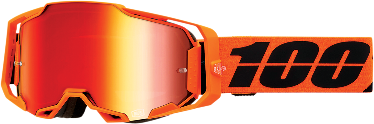 Bill's Exhausts 100% Armega CW2 goggles with red mirror lenses, showcasing their sleek design and vibrant reflective coating.