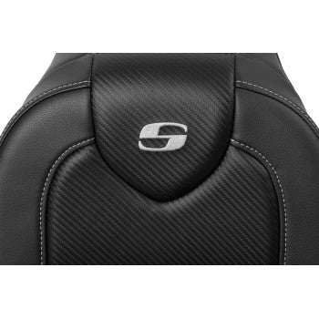 SADDLEMEN RoadSofaâ„¢ motorcycle seat in carbon fiber for FXDWG 2004-2005, shown without driver backrest, by Bill's Exhausts