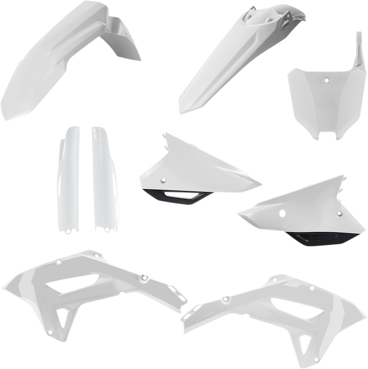 Acerbis full replacement body kit in white and black, designed for motorcycle body customization, displayed on a plain background.