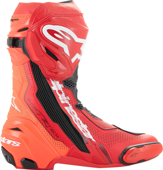 Alpinestars Supertech R Vented motorcycle boots in red, US 6/EU 39, with protective design and vented panels.