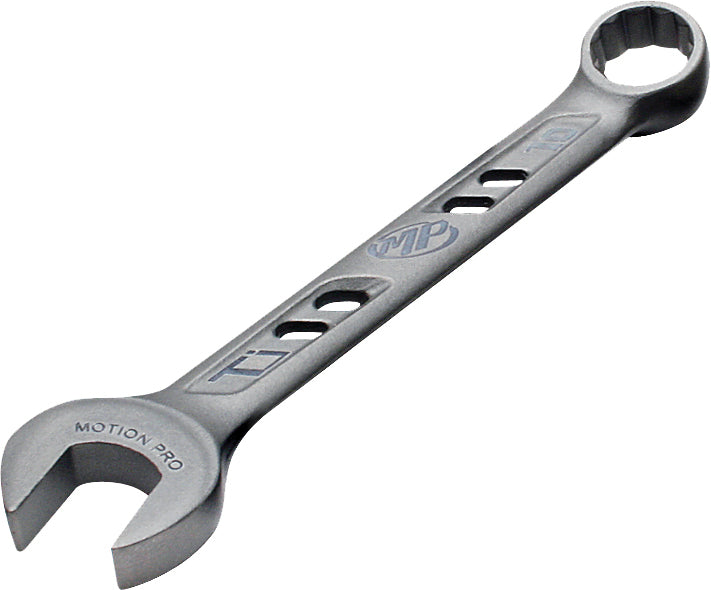 Motion Pro Tiprolight titanium 10mm combination wrench, lightweight and durable hand tool for motorcycle maintenance and repairs.