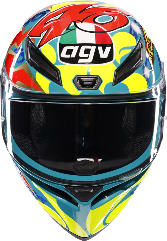 AGV K1 S Rossi Mugello 1999 motorcycle helmet in medium size with red and white racing design, lightweight and aerodynamic.