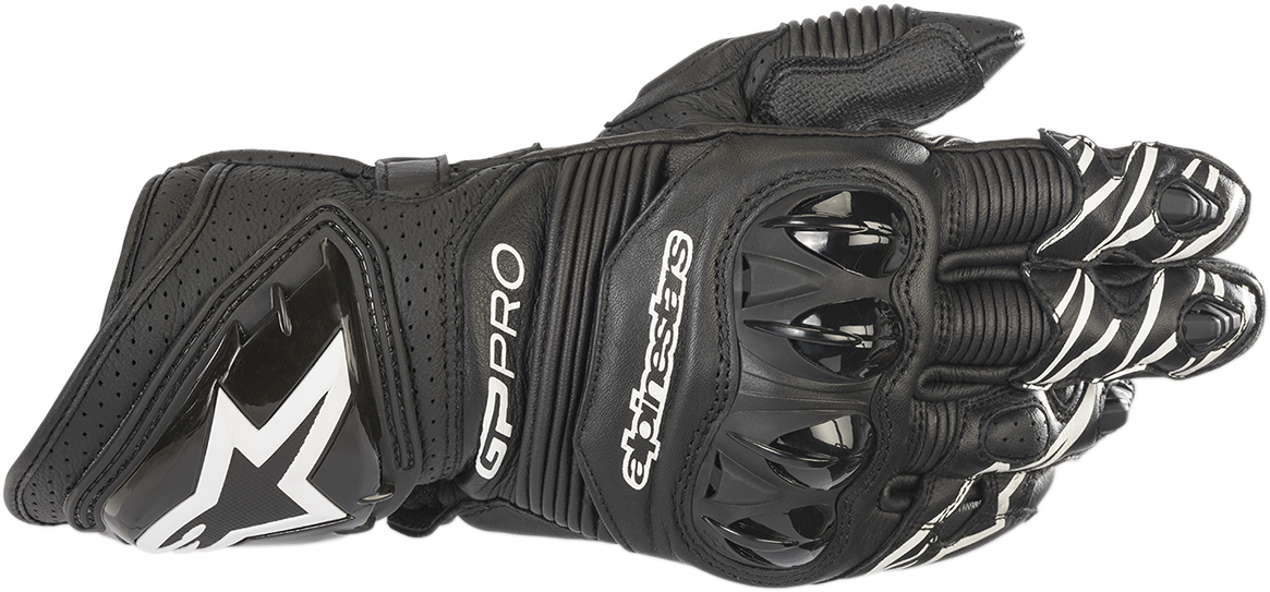 Black Alpinestars GP Pro RS3 motorcycle gloves in large size, with protective armor and textured grip details.