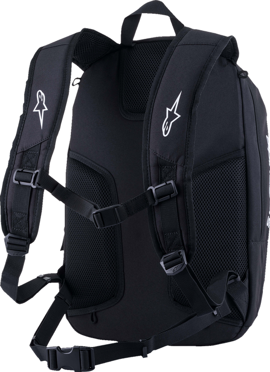 Alpinestars Charger V2 backpack with multiple compartments and padded straps, designed for motorcycle gear storage and travel.