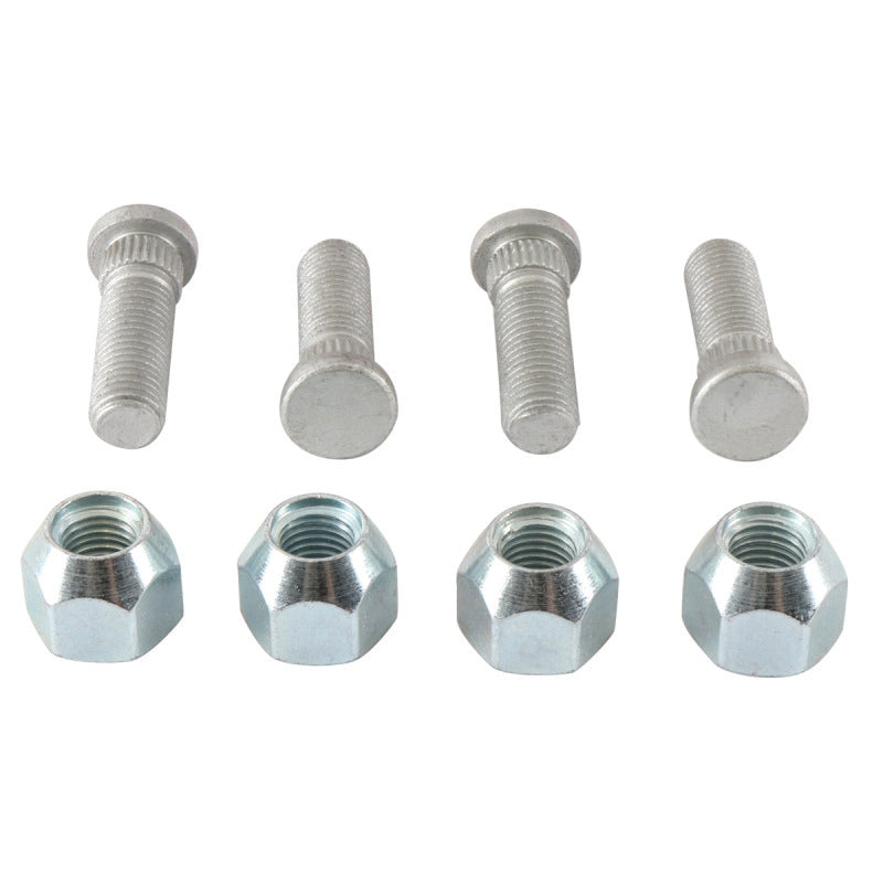 QuadBoss front wheel stud and nut kit for Can-Am Defender HD10 and Powersports models, showing metal wheel components.