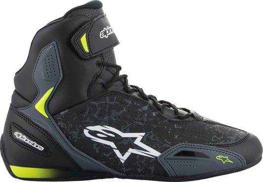 Alpinestars Faster-3 motorcycle shoes in black and yellow, US size 10, featuring sporty design and durable construction.