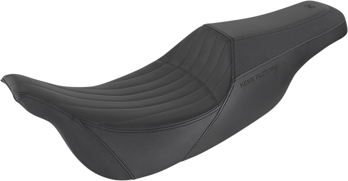 Black Saddlemens Front Gripper and Rear Smooth Motorcycle Seat from Ken's Factory Pro Series, designed for comfort and style.