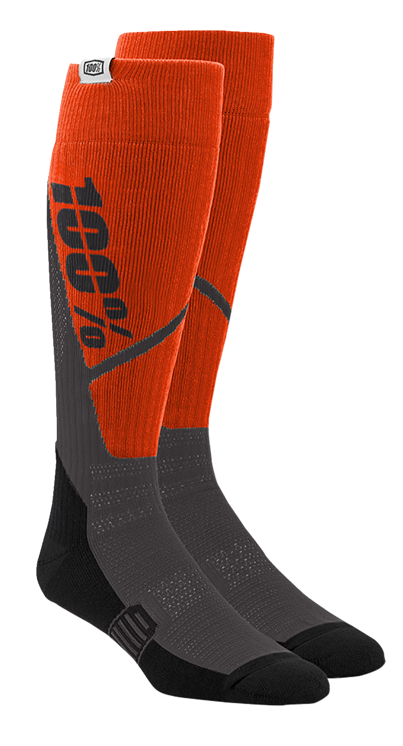 Bill's Exhausts 100% Torque Comfort Moto Socks in orange and charcoal, large/XL size with reinforced heel and toe for motorcycle riding.