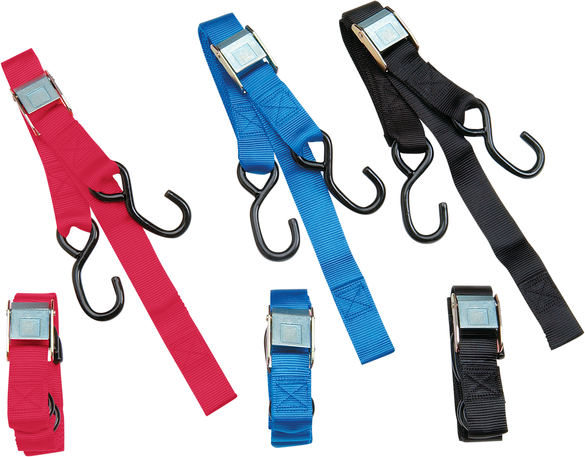 Black heavy-duty cam buckle tie-down strap by PARTS UNLIMITED, 1.5 inch by 6 feet with built-in assist for secure fastening.