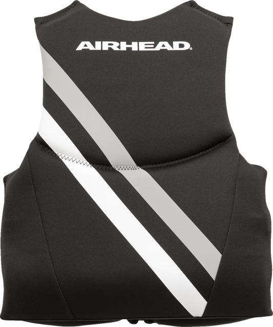 Black and white AIRHEAD SPORTS GROUP youth Orca vest for water activities, featuring adjustable straps and buoyant foam.