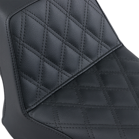 Black SADDLEMEN Step Up front seat with lattice stitching, designed for motorcycles, branded by Bill's Exhausts.