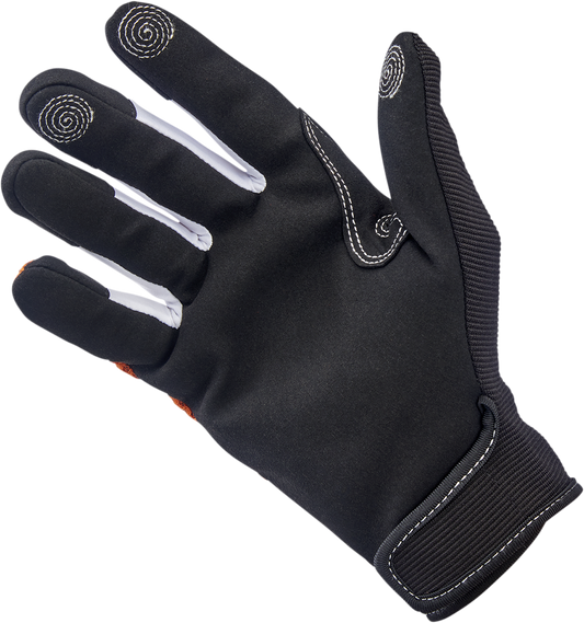 Bill's Exhausts BILTWELL Anza Gloves in orange, large size, with textured leather and protective knuckles for motorcycle riding.