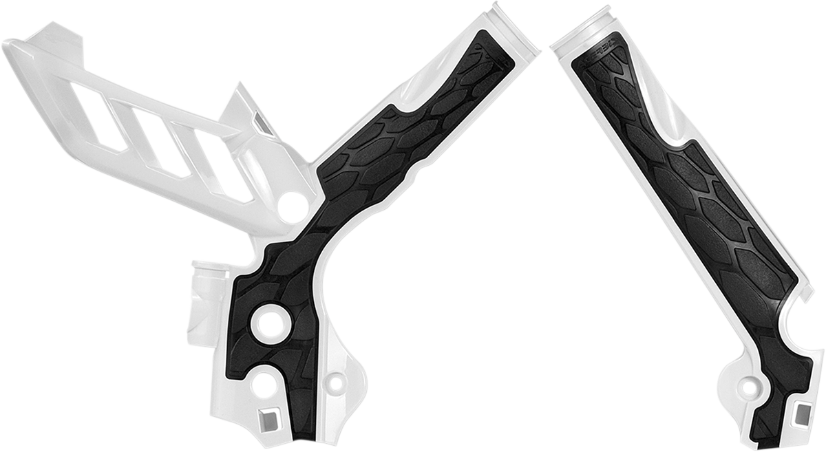 A close-up of ACERBIS X-Grip frame guards in white and black for NF 16 SXF or 125/150SX motocross bikes.
