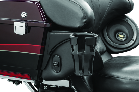 Kuryakyn Reflex Drink Holder right side for Harley Touring models in gloss black, mounted on motorcycle handlebar.