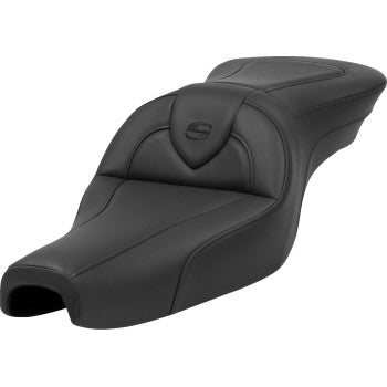 Black SADDLEMEN Roadsofa™ seat without backrest for XL bikes, shown on a motorcycle, designed for comfort and durability.