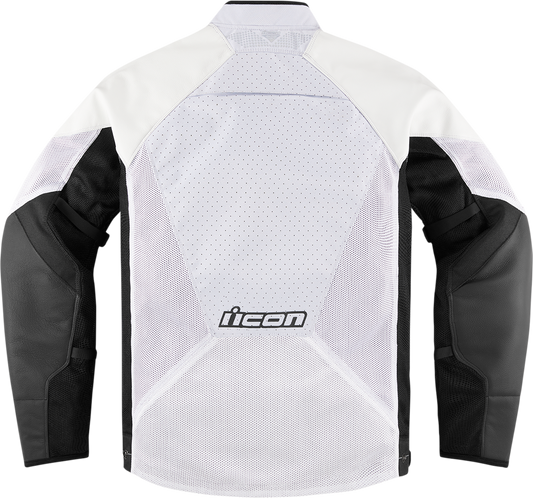 White ICON Hooliganâ„¢ CE jacket in XL by Bill's Exhausts, shown with front view and detailed stitching.