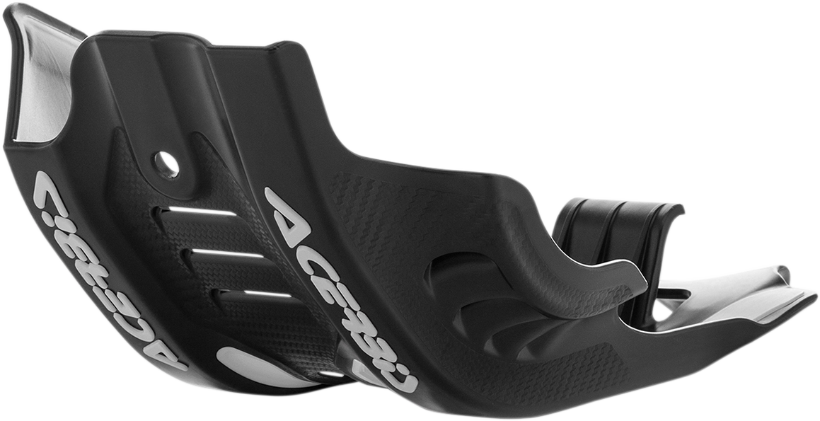 Black and white Acerbis skid plate for Husqvarna and KTM motorcycles, durable body protection part.