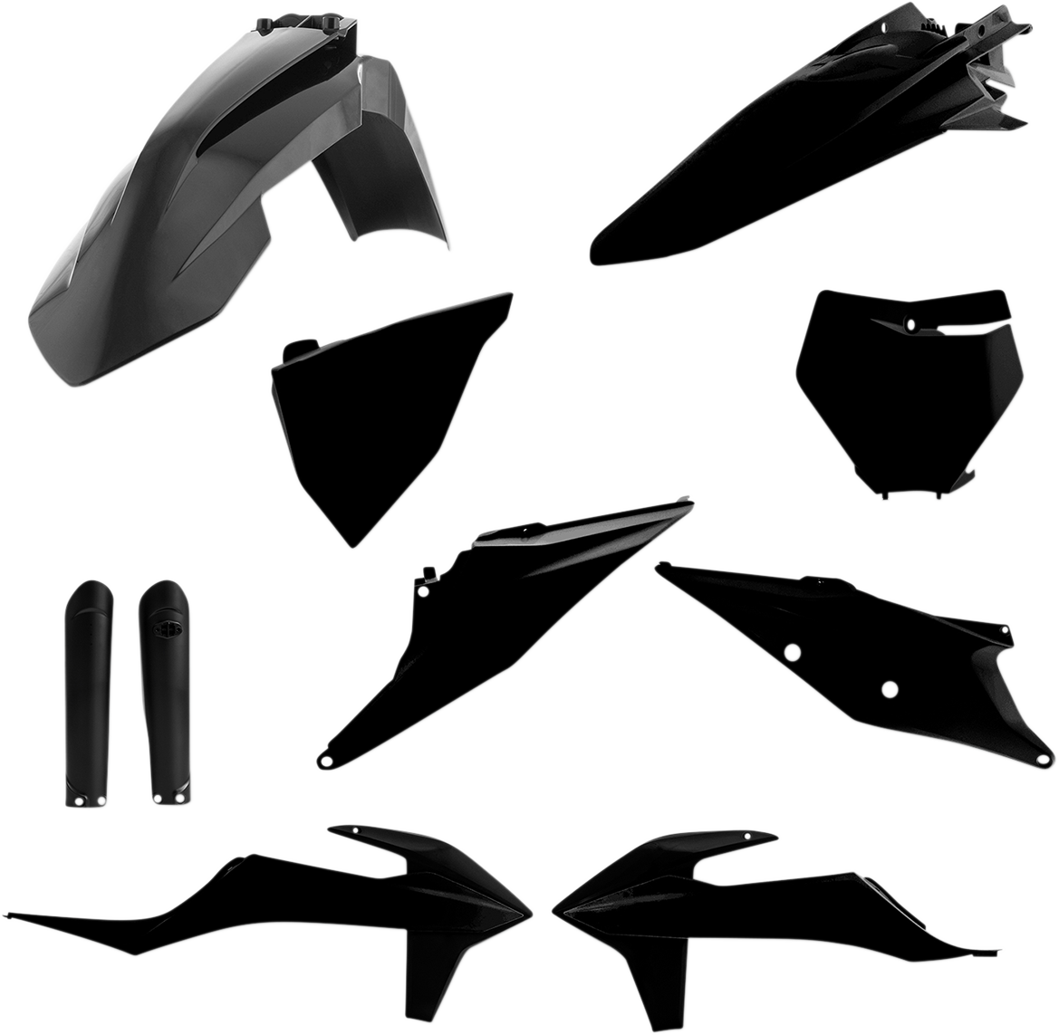 Black Acerbis full replacement body kit for motorcycle, featuring sleek panels and streamlined design.