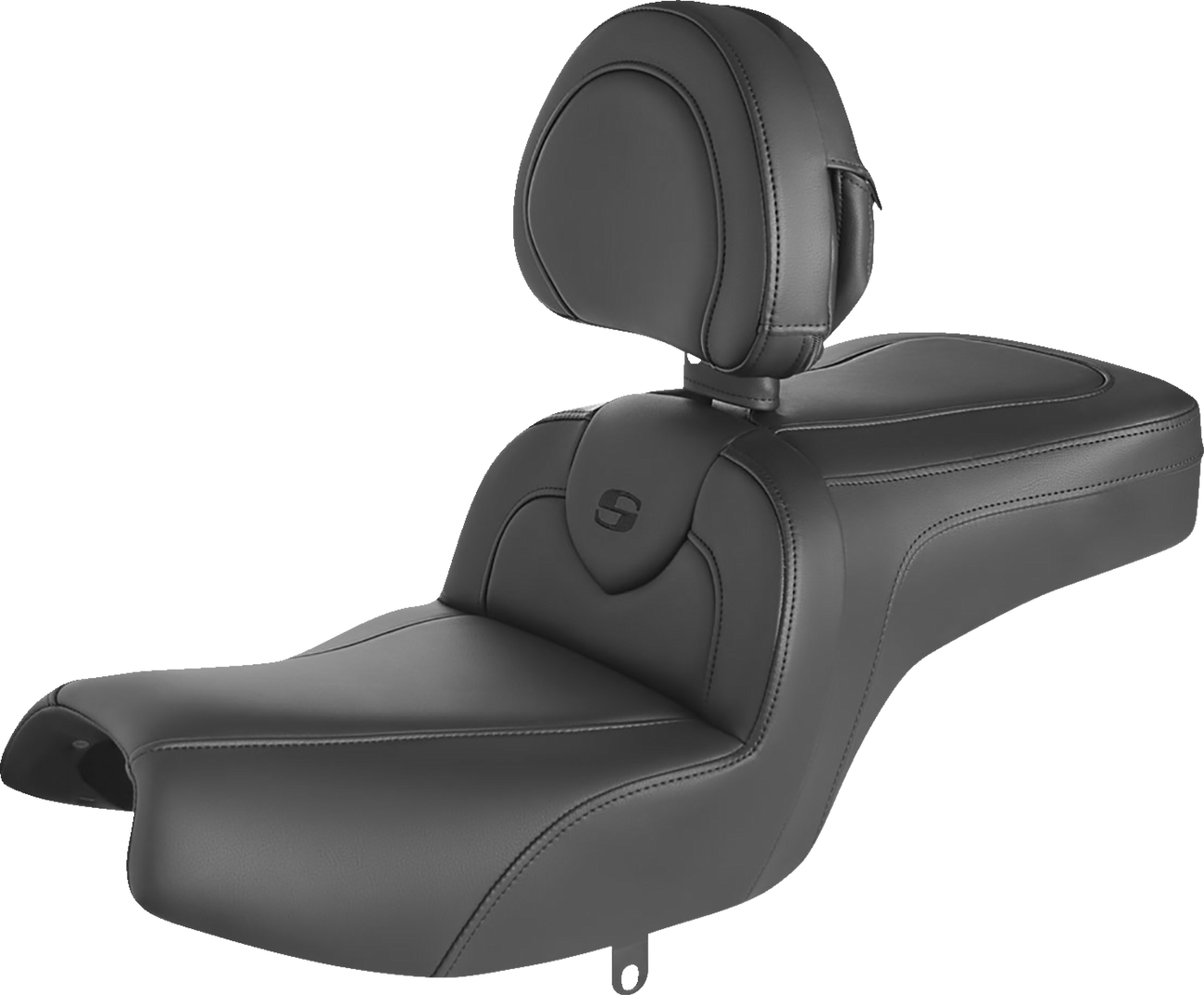 Black Saddlemens RoadSofa motorcycle seat with backrest and black stitching for Challenger 2020-2022, shown from side angle.