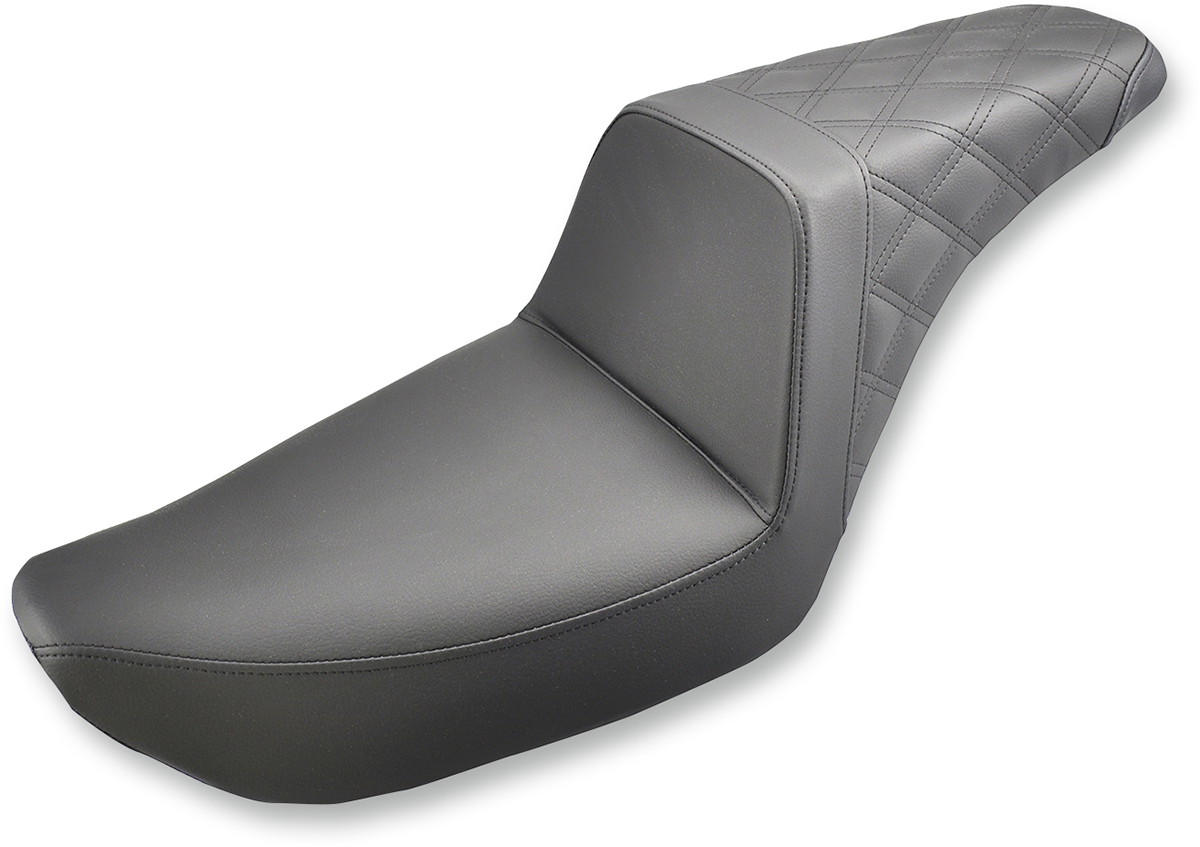 Black Saddlemens Step Up Rear Seat with lattice stitching for Dyna motorcycles, designed for comfortable riding.