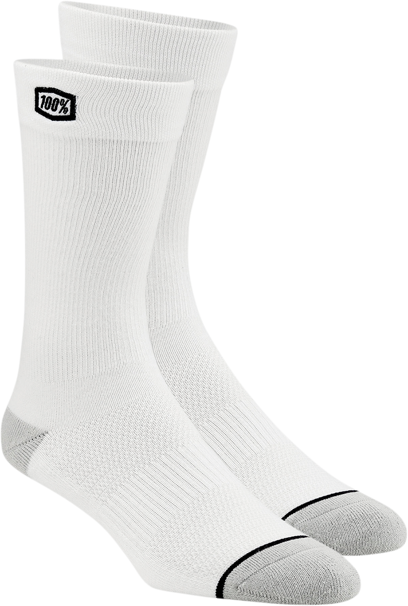 White 100% solid socks by Bill's Exhausts in small/medium size, shown on a mannequin foot.