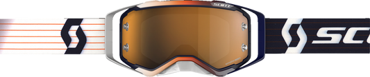 Scott Prospect Amplifier Goggles in blue and white with gold chrome accents, designed for motorcycle engine protection and style.