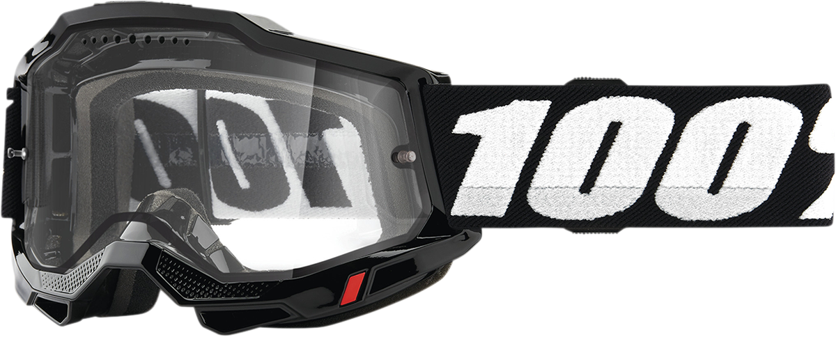 Bill's Exhausts 100% Accuri 2 Enduro MTB goggles in black with clear lenses, designed for mountain biking protection.