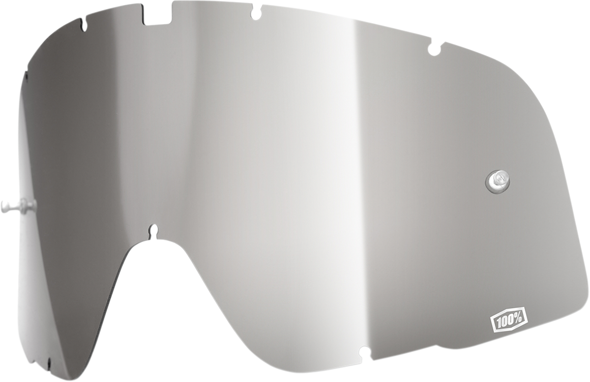 Bill's Exhausts 100% Barstow Silver Mirror Goggles with reflective lens and black strap, designed for motocross and off-road riding.