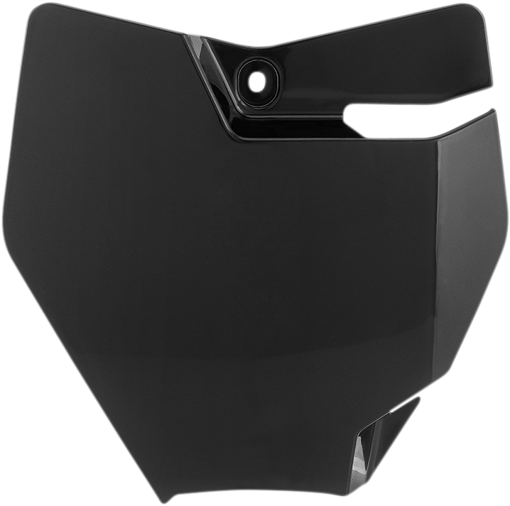 Black Acerbis front number plate mounted on a motorcycle body, featuring the Acerbis brand logo and sleek design.