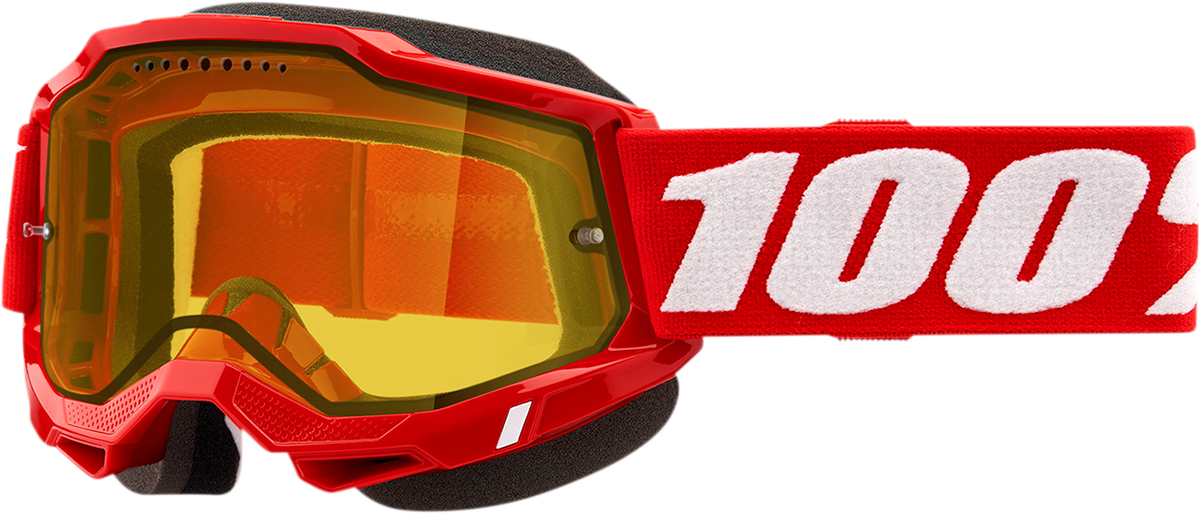 Bill's Exhausts 100% Accuri 2 Snow Goggles in red and yellow with clear lenses, designed for winter sports and snowboarding.