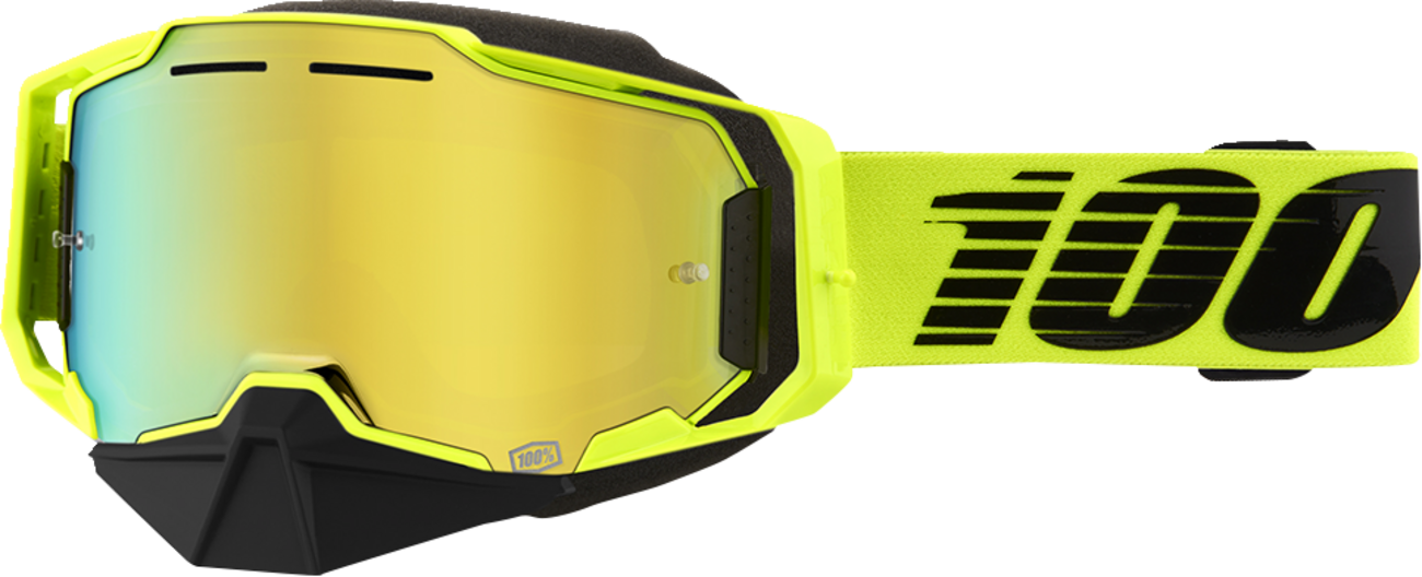 Bill's Exhausts 100% Armega Snow Goggles in Nuclear Citrus with gold mirror lens, designed for winter sports and snowboarding.