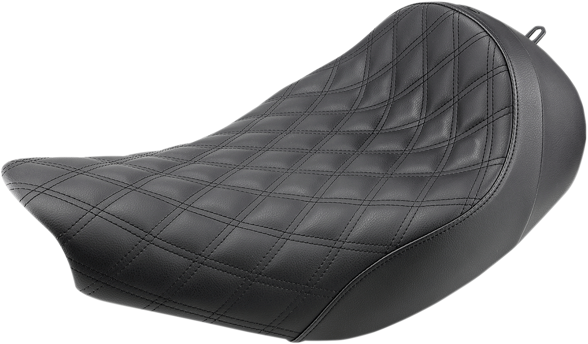 Black SADDLEMEN Renegade Solo Seat with lattice stitching, designed for motorcycle use, by Bill's Exhausts.