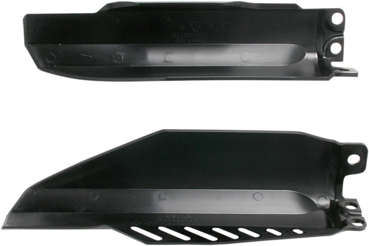 Black Acerbis lower fork covers for motorcycle suspension, designed to fit with Bill's Exhausts body components.
