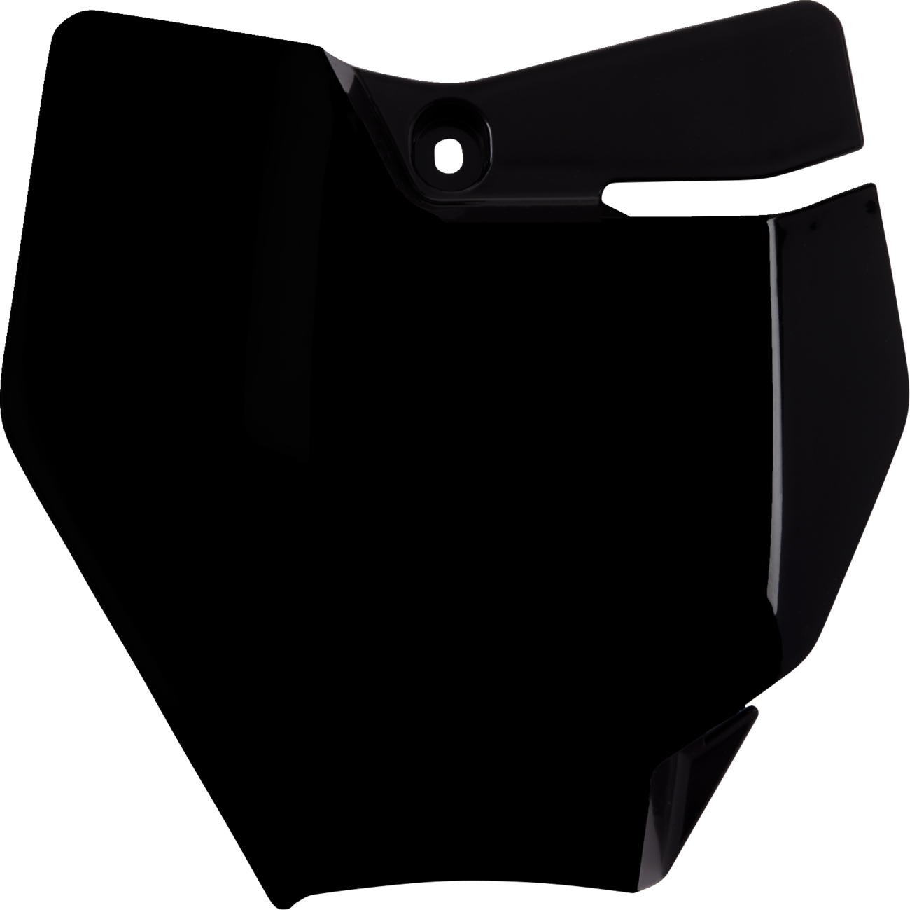 A black Acerbis front number plate for motorcycle, mounted on a bike frame, with sleek body design and clear mounting points.