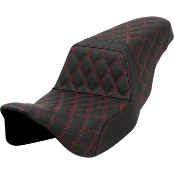 Red lattice stitch Saddlemens Step-Up Seat for FLH/FLT motorcycles, features detailed stitching and ergonomic design.