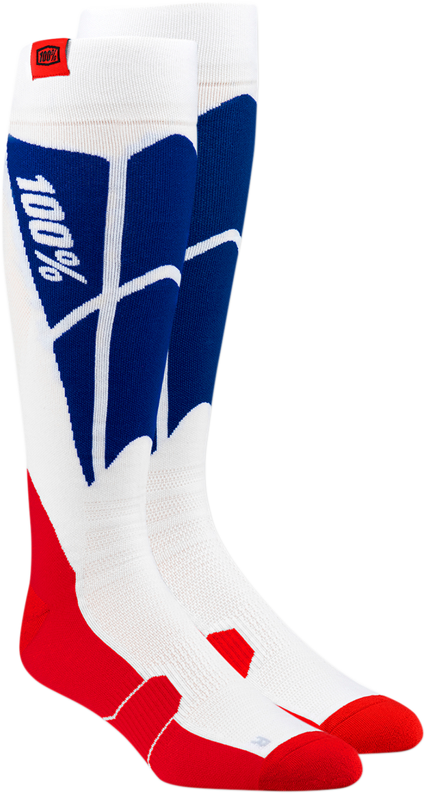 White and blue Bill's Exhausts Hi-Side Performance Socks in small/medium size, featuring the brand logo and sporty design.