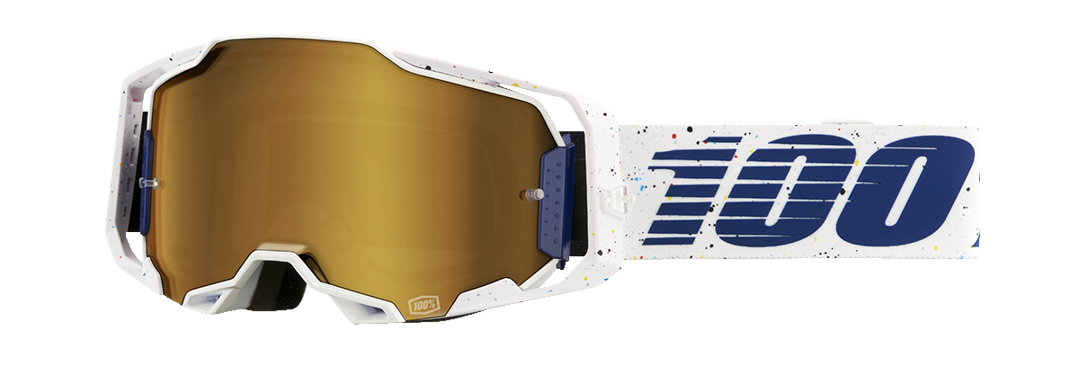 Bill's Exhausts 100% Armega Solis goggles with gold mirror lenses, featuring a sleek design and adjustable straps.