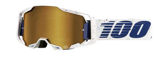 Bill's Exhausts 100% Armega Solis goggles with gold mirror lenses, featuring a sleek design and adjustable straps.