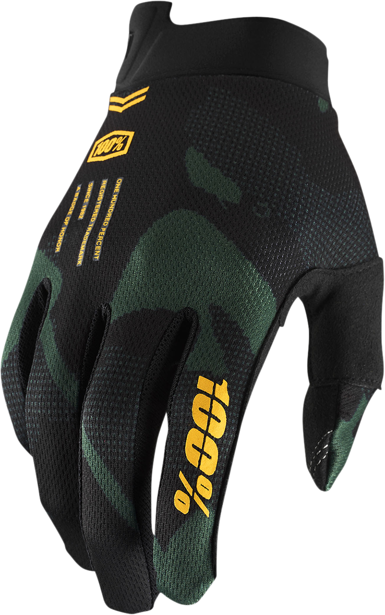 Bill's Exhausts Youth iTrack Sentinel Black gloves, medium size, showcasing the black gloves with textured fingers and adjustable wrist strap.